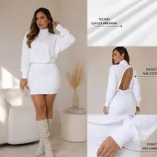 Vestido Feminino Curto Justo Manga Longa Gola Alta Costas Abertas Balada Manga Morcego Moderno Elegante Rodeio Festas