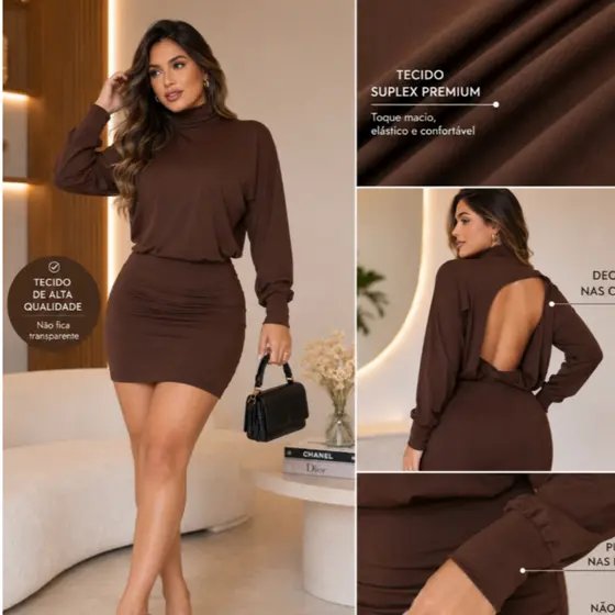Vestido Feminino Premium Manga Longa Costas Vazadas Gola Alta Curto Tubinho Blogueira Elegante Tendencia Moda Feminina