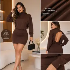 Vestido Feminino Premium Manga Longa Costas Vazadas Gola Alta Curto Tubinho Blogueira Elegante Tendencia Moda Feminina