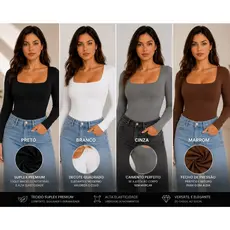 Body Feminino Manga Longa Suplex Premium Gola Quadrada Elegante Básico Casual Moda Feminina