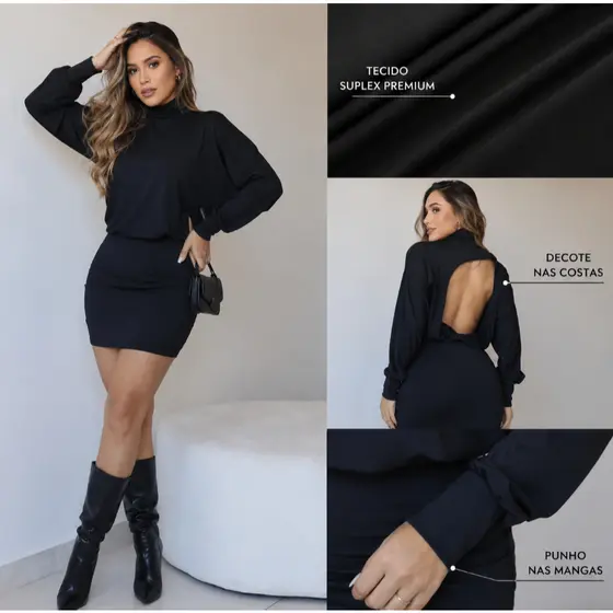 Vestido Feminino Gola Alta Manga Longa Suplex Premium Decote nas Costas Curto Elegante Sem Transparência