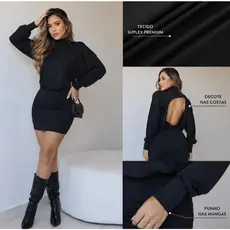 Vestido Feminino Gola Alta Manga Longa Suplex Premium Decote nas Costas Curto Elegante Sem Transparência