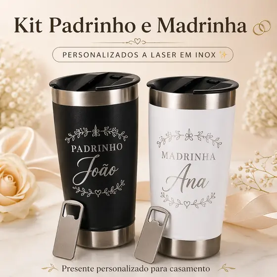 Kit 2 Copos Personalizados Com Nome e Arte Madrinha Padrinho Casamento Aço Inox Térmico 473ml