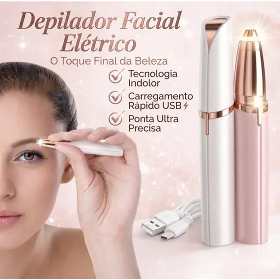 Caneta Depiladora Aparadora de Sobrancelha Eletrica Recarregavel USB LED Facial - Cores Sortidas