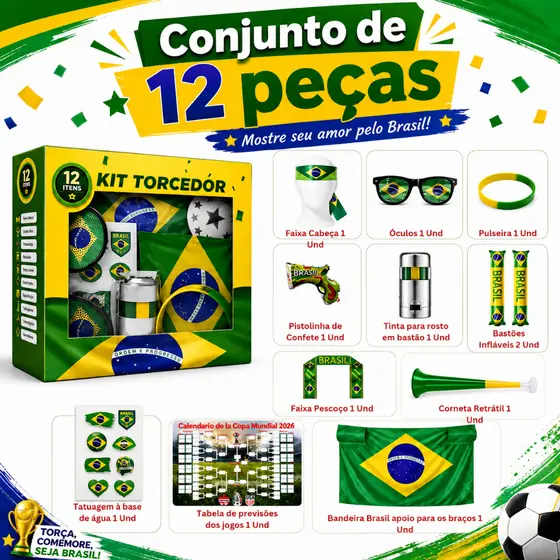 Kit Torcedor Copa do Mundo 2026 Brasil 12 Itens Torcida Bandeira Brasileira Óculos Pulseira Adesivos Corneta