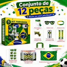 Kit Torcedor Copa do Mundo 2026 Brasil 12 Itens Torcida Bandeira Brasileira Óculos Pulseira Adesivos Corneta