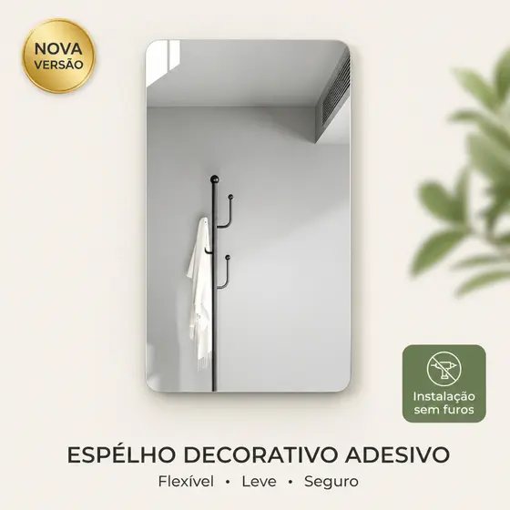 Espelho Adesivo Plástico Decorativo Flexível Espelhado 25x40cm Retangular Auto Colante Parede Decoração