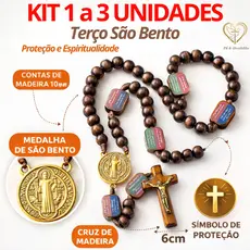 1 a 3 Terços Madeira Contemplação Dos Mistérios São Bento Católico Proteção e Fé