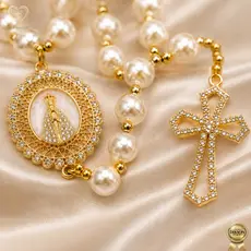 Terço de Pérola para Noiva N Sra Aparecida Luxo Strass Casamento Presente Elegante Lindíssimo !
