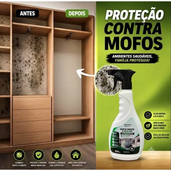 Mata Mofo E Bolor National Quimica 500ML Antimofo Guarda Roupa Parede Banheiro Anti Bolor Armário Madeira