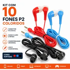 Kit 10 Fone De Ouvido Com Fio P2 Colorido Stereo Headphone