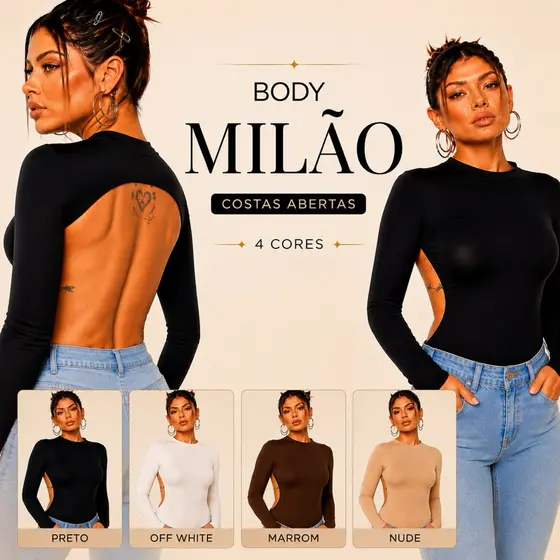 Body Milão Feminino Manga Longa Costas Abertas Costas Nua Recorte Suplex Premium Moda Gringa