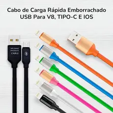 Cabo de Carga Rápida Revestido Emborrachado USB Para V8, TIPO-C E IOS