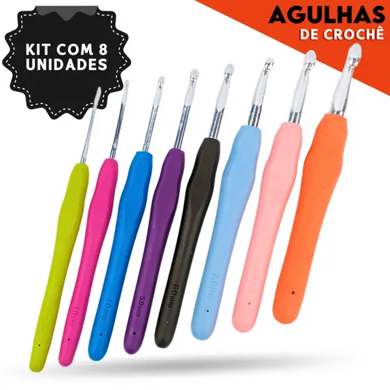 Kit Agulha Barbante Para Crochê Profissional C/8 Peças Cabo Ergonômico Soft Ponta Alumínio