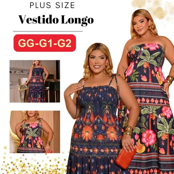 Vestido Longo Plus Size Estampado All Curve  Feminino Verao Florido Primavera Elastico Alça Fina
