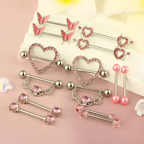 Piercing Mamilo Barbell Par Titânio Rosa Zircônia Borboleta 14mm Joia de Troca