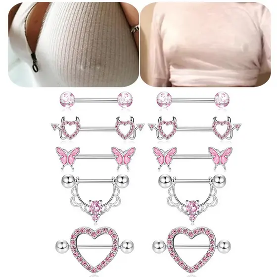 Par Piercing Mamilo 2 Peças Titânio Rosa Cravejado Zircônia Coração Borboleta