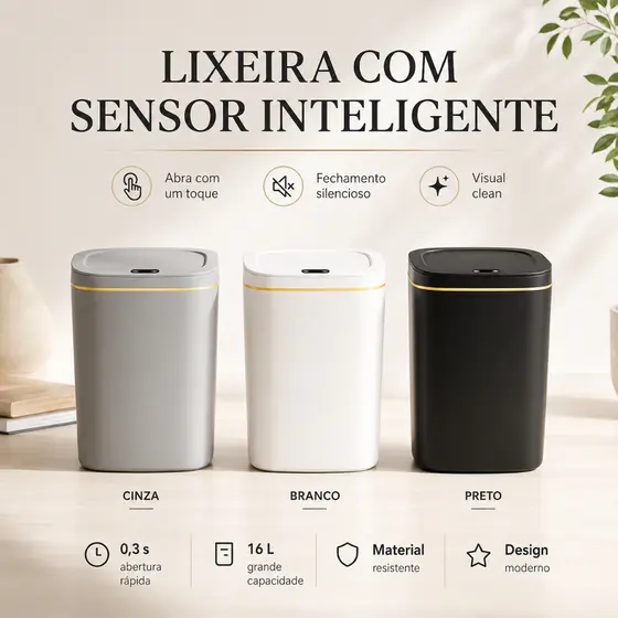 Lixeira Inteligente com Sensor Essenza 16L Automática Bateria Recarregável Quartos Sala Escritório