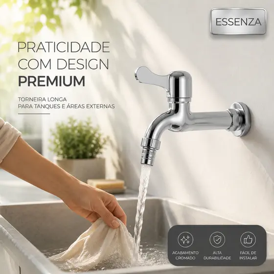 Torneira Cromada Longa Para Máquina de Lavar e Tanque 1/2 Essenza ABS Parede Jardim Lavanderia