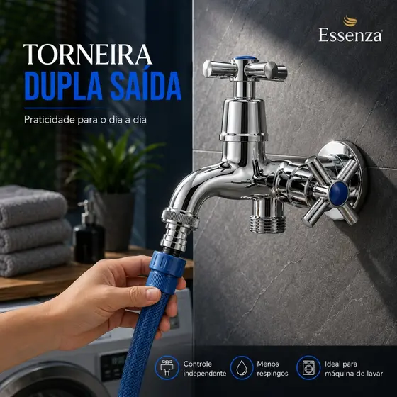 Torneira de Parede Essenza Dupla Saída para Tanque e Máquina de Lavar 1/4 ABS Volta G1/2