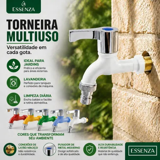 Torneira Máquina de Lavar Tanque Jardim Colorida ABS 1/2 Parede 1/4 Volta Multiuso Essenza