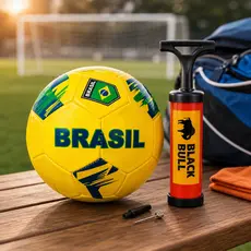 Kit Bola Futebol Brasil Nº 5 Amarela + Bomba Manual com Bico para Treino e Recreação Infantil Jogo