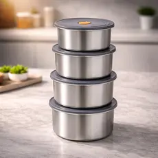 Kit Conjunto 4 Potes Herméticos Inox 450ml Redondo Marmita Lanche Cozinha Geladeira