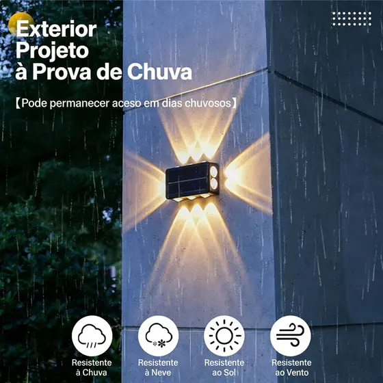 Kit 2 Iluminação Arandela Solar 4 Focos Parede Slim 12 Fachos Led Externa
