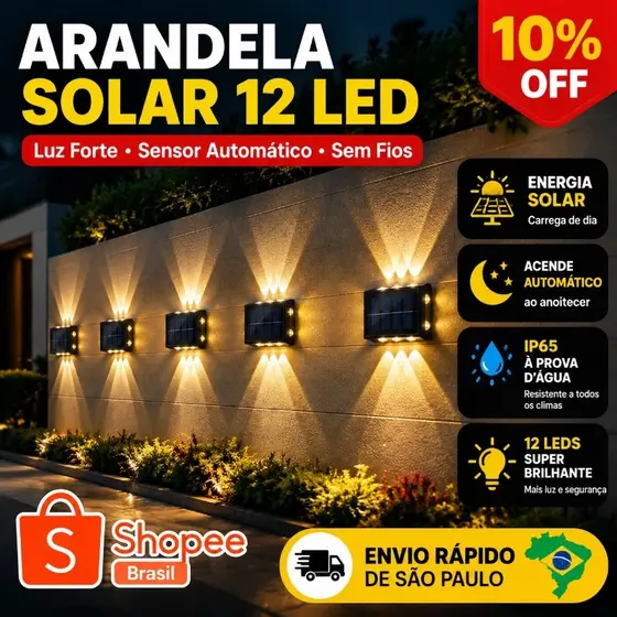 Luz de parede solar, kit com 2 a 10 peças, 6/8/10/12 LEDs branco quente, spot impermeável.