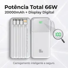 Power Bank 20000mAh 66W Carregamento Super Rápido Display Digital 4 Cabos Integrados Bateria Externa Universal