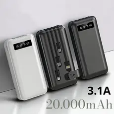Power Bank Portátil 20000mAh com 4 Cabos Carregador Universal para Celular, Mundial