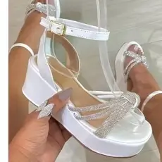 Sandália Feminina Anabela Plataforma Strass Confortável Moda Casual Tendência 2026