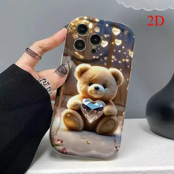 Capa Strass Urso Pelúcia Capinha Para iPhone 15 14 16 Plus 17 13 12 11 Pro Max Xr Design exclusivo com moldura ondulada