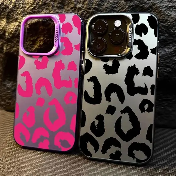 Capinha Capa Para iPhone 16 15 14 Plus 13 Pro Max Caso Leopardo Impressão Galvaniza Prata