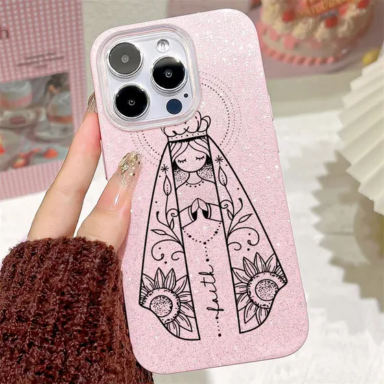 Nossa Senhora Capinha Para iPhone 17 Ar 16 15 14 Plus 13 12 11 Pro Max XR Capa Glitter Bling Anti-impacto