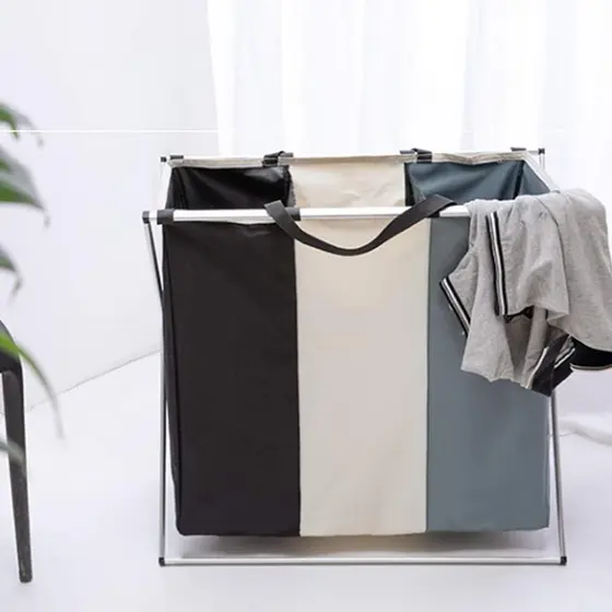 Cesto De Roupa Suja Dobrável 3 Divisórias Organizador Lavanderia Grande 150L