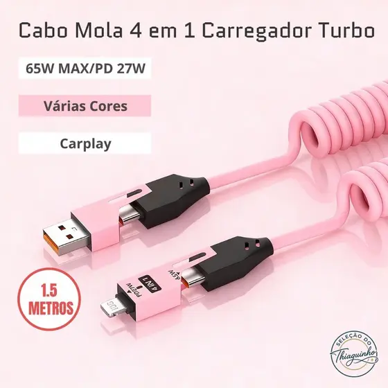 Cabo Mola 4 em 1 CarPlay Dados 65W PD 27W Turbo p/ Carro iPhone 13/14/15/16/17 Xiaomi Samsung