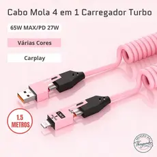 Cabo Mola 4 em 1 CarPlay Dados 65W PD 27W Turbo p/ Carro iPhone 13/14/15/16/17 Xiaomi Samsung