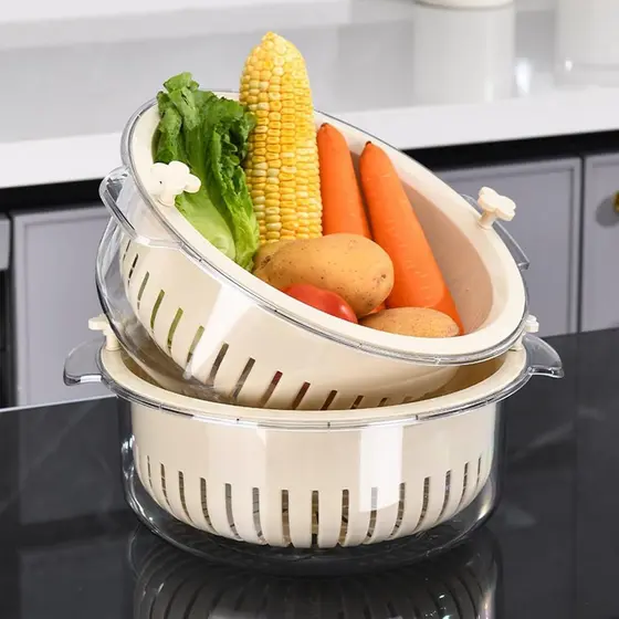 Escorredor De Alimentos Cozinha Duplo Bacia Lavador De Frutas Verduras Massas
