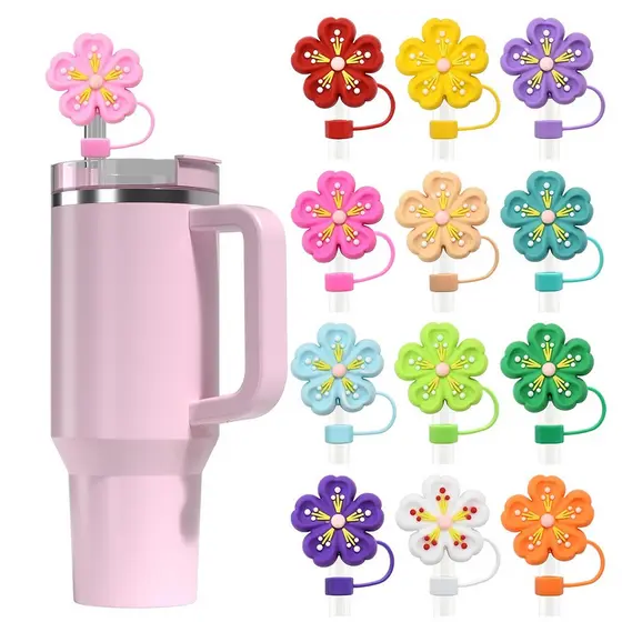 Ponteira Protetor Canudo 8/10mm Tampa Silicone Anti-Poeira Fofa Flores Sakura Copo Térmico