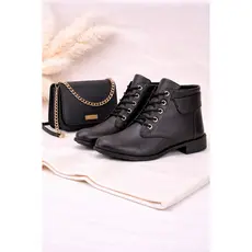 Kit Bota Feminina Com Cadarço Ankle Boots Cano Curto Preto e Café Com Bolsa Trasversal