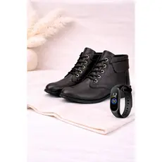 Kit Bota Coturno Cadarço Feminino Cano Curto + Relógio Digital Premium