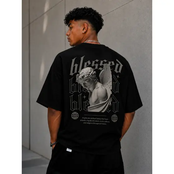 Camiseta Oversized Blessed Masculina 100% Algodão Estampa Anjo Streetwear Premium Unissex – P ao GG