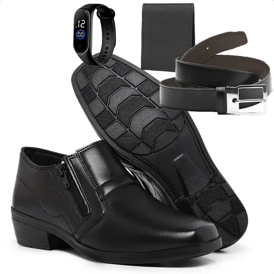 Kit Sapato Social Botinha Masculina Zíper Lateral Preto e Café Com Cinto Carteira e Relógio