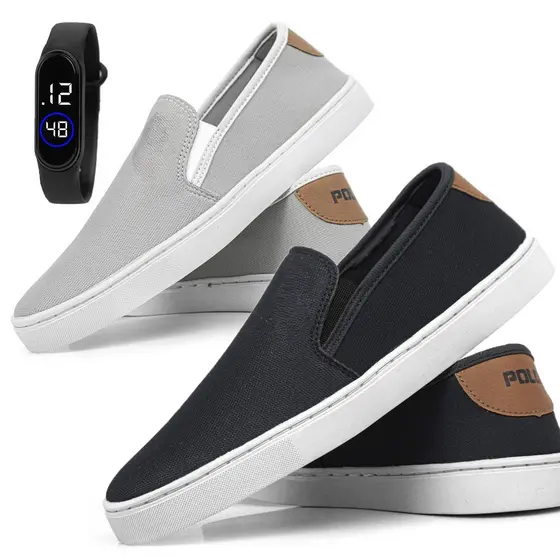 Kit Tênis Masculino Casual Slip On + Relógio Display Digital Moderno