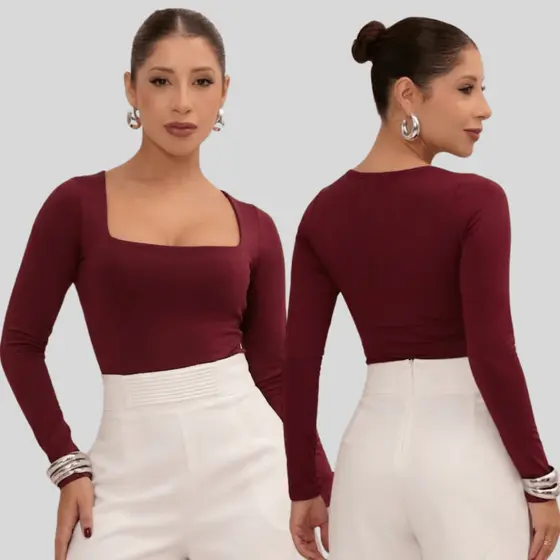 Body Feminino Manga Longa Básico Suplex Premium Forro Duplo Decote Quadrado