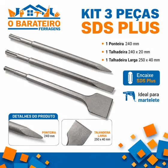 Kit SDS Plus 3 Peças Ponteira e Talhadeiras 20mm e 40mm para Martelete Concreto Alvenaria