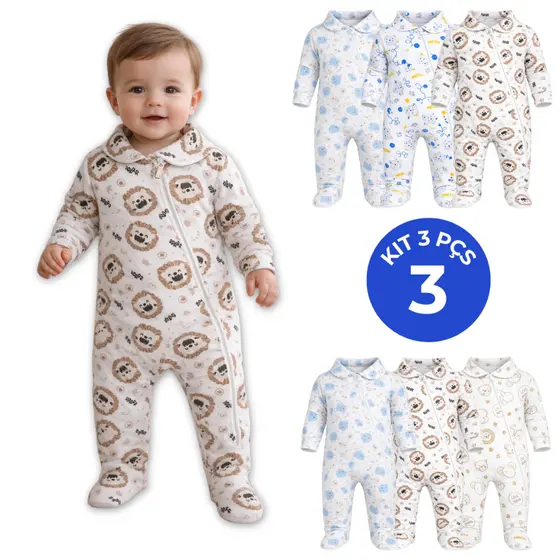 3 Macacões Roupa de Bebê Menino Menina Canelado Vira Pé com Proteção de Zíper RN ao G