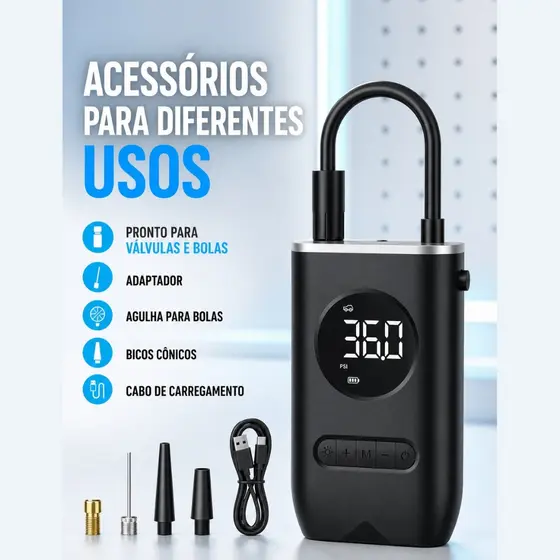 Mini Compressor de Ar Portátil Digital Recarregável – Calibrador de Pneus para Carro, Moto, Bike e Bolas