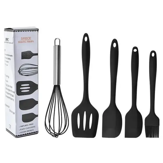 Kit Utensílios de Cozinha de Silicone 5 Peças-Vermelho ou Preto (Sortidas) | Prático | Resistente